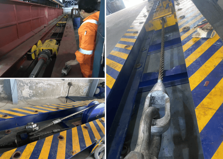 Wire rope undergoing a destructive test on a testing bench