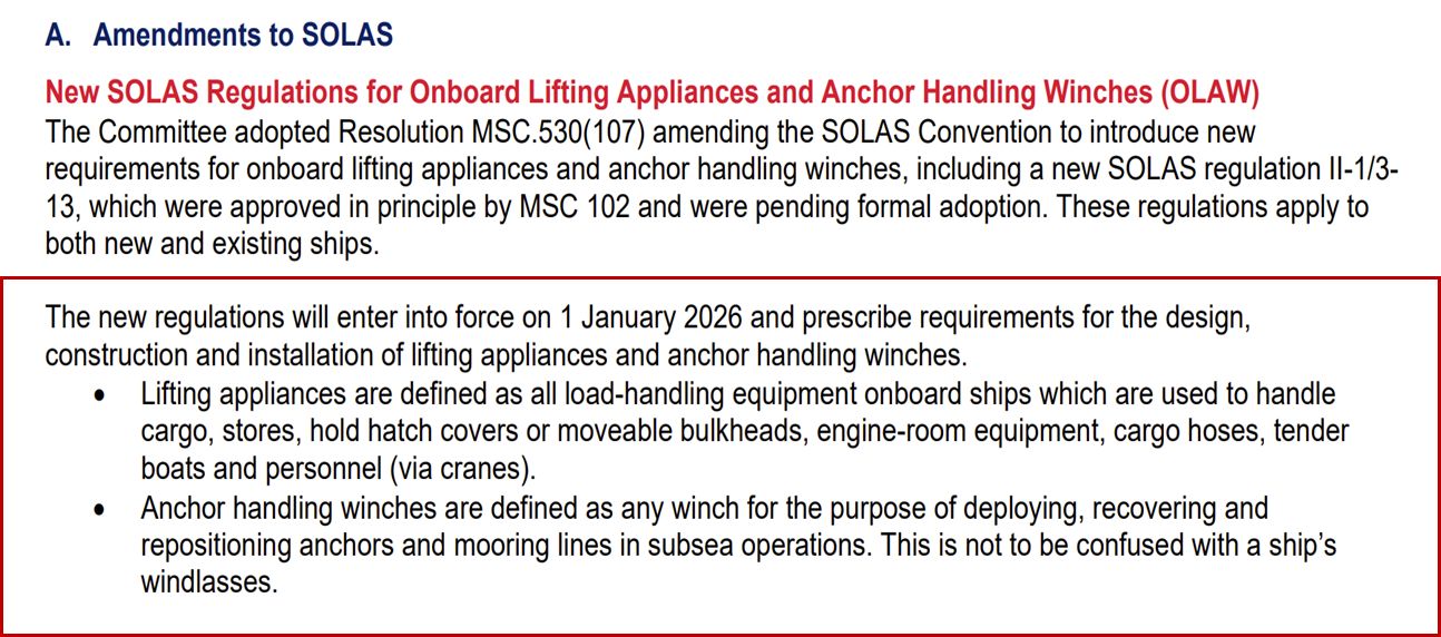 IMO lifting appliance regulation amendment