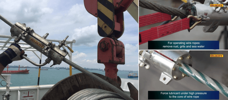 Wire rope lubrication process using Velocity system